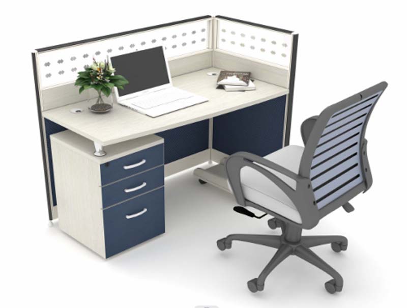 Single-Person L-Shaped Cubicle Office Workstation with 3-Drawer Pedestal and Privacy Partitions