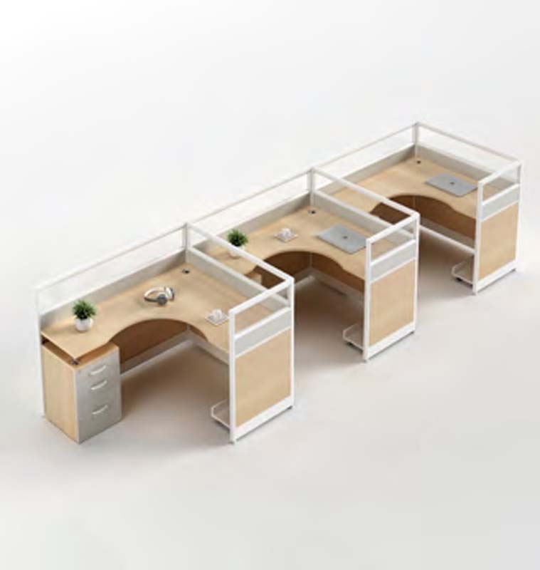 3-Seat Staggered L-Shaped Call Center Cluster Workstation with Privacy Partitions
