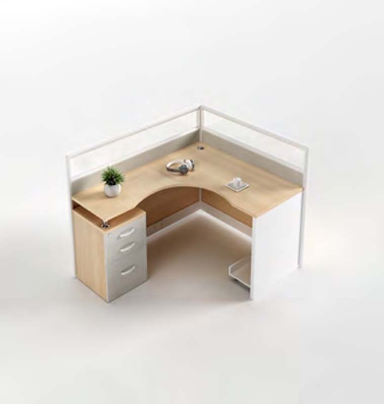 Single-Person L-Shaped Cubicle Corner Workstation Desk with Lockable Drawer Pedestal and Privacy Screens