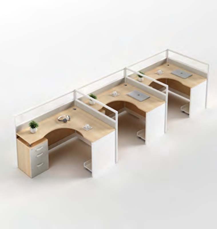 3-Person Linear Partitioned Office Workstation Cluster with Arched Knee Openings and Mobile Pedestals