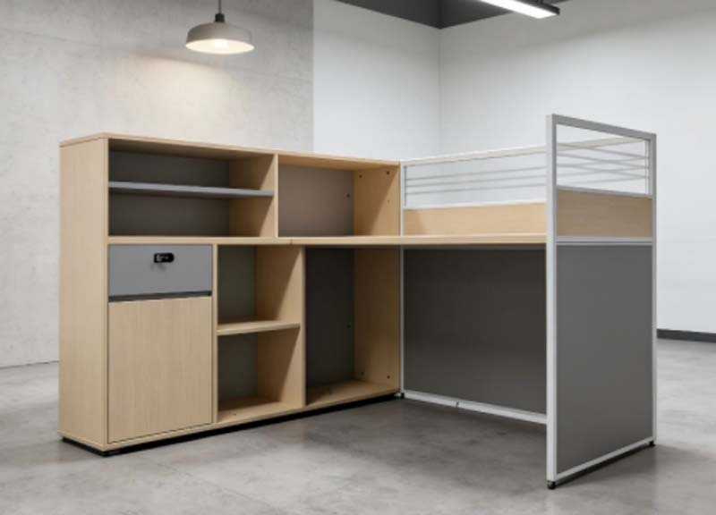 L-Shaped Office Workstation Desk with Integrated Storage and Rolling Divider Screen