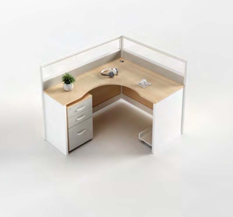 Two-Tone L-Shaped Single-User Office Workstation Desk with Drawer Pedestal, Privacy Screen and Cable Grommet