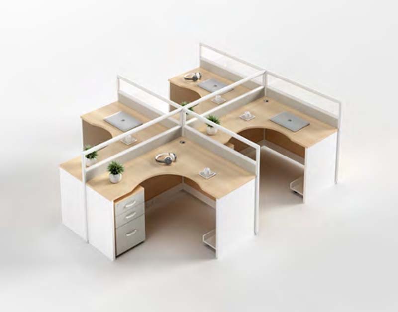 4-Person Cross Layout Office Cubicle Workstation with Curved Knee Openings and Storage Pedestals