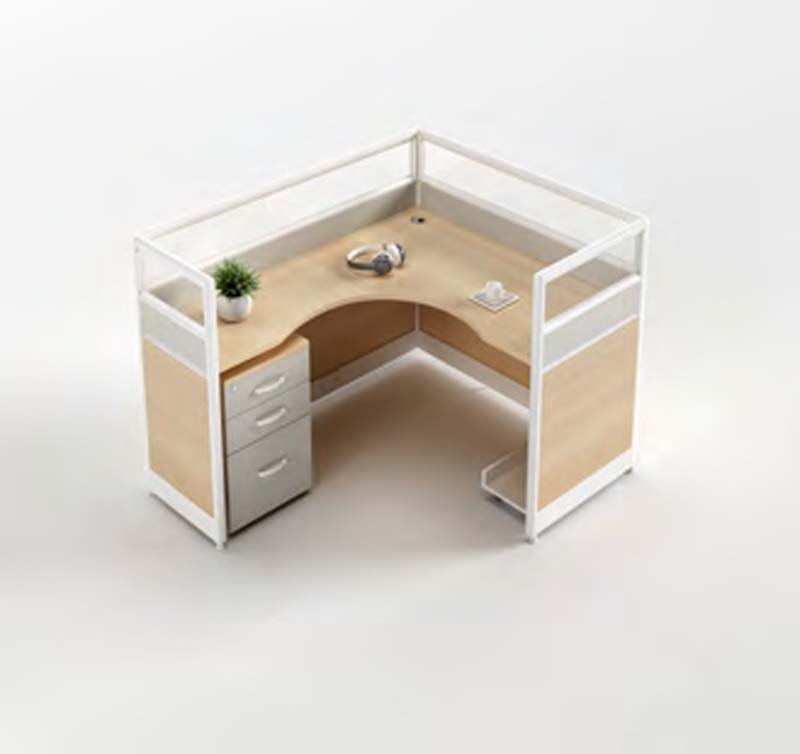 Single-Person L-Shaped Corner Cubicle Office Desk with Privacy Screens and Integrated 3-Drawer Pedestal