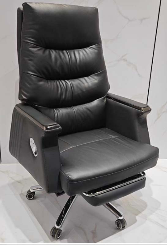 High-Back Black Leather Reclining Executive Office Chair with Retractable Footrest