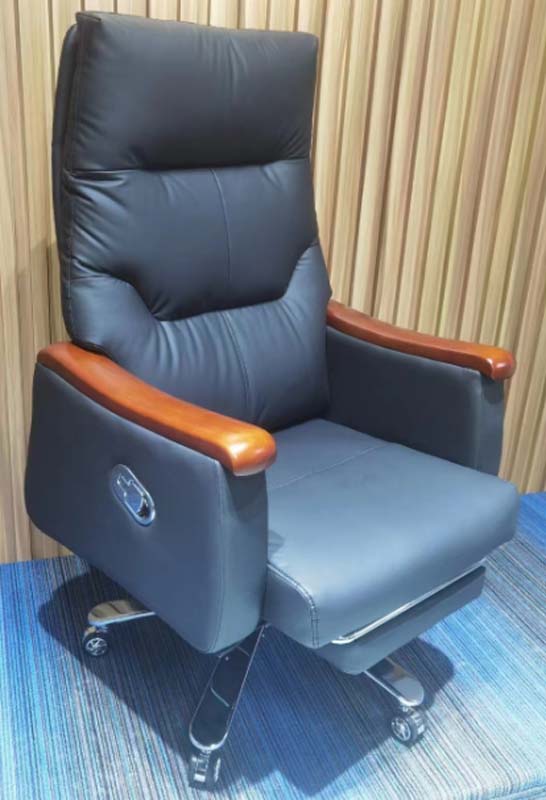 Reclining High-Back Black Leather Executive Office Chair with Retractable Footrest