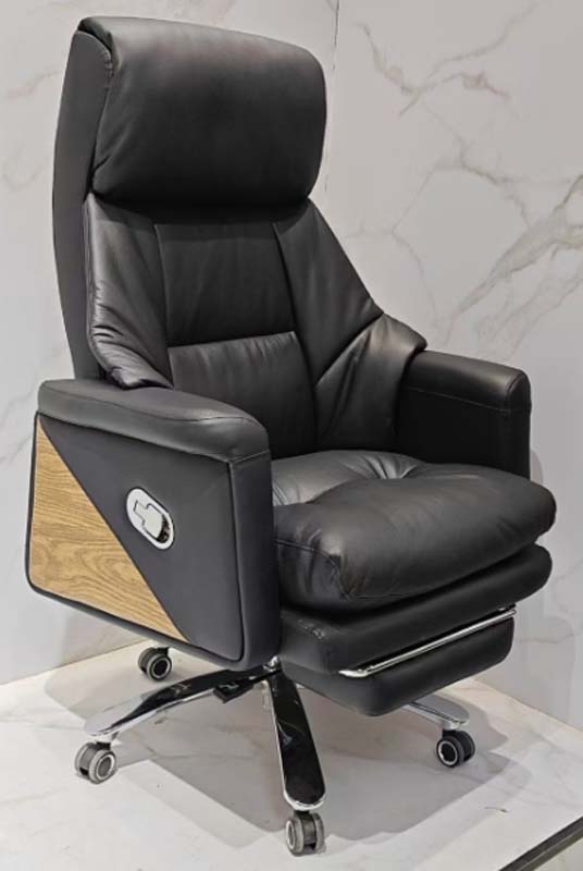 Black Leather Reclining Executive Office Chair with Extendable Footrest and Wood Arm Accents