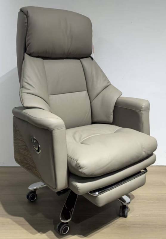 Light Grey Leather Executive Reclining Office Chair with Retractable Footrest