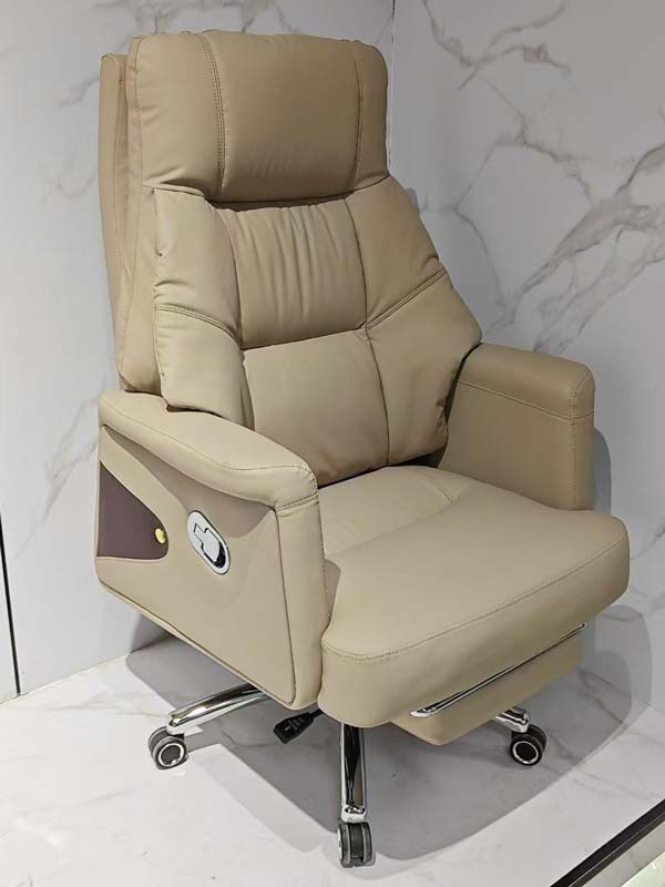 Beige PU Leather Reclining Executive Office Chair with Retractable Footrest