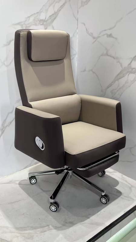 Two-Tone Beige Brown High-Back Reclining Executive Office Chair with Retractable Footrest