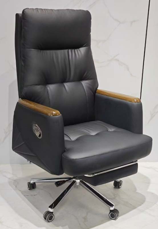 Black Leather Reclining High-Back Executive Office Chair with Retractable Footrest