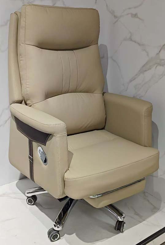Beige Leather Reclining Executive Office Chair with Retractable Footrest
