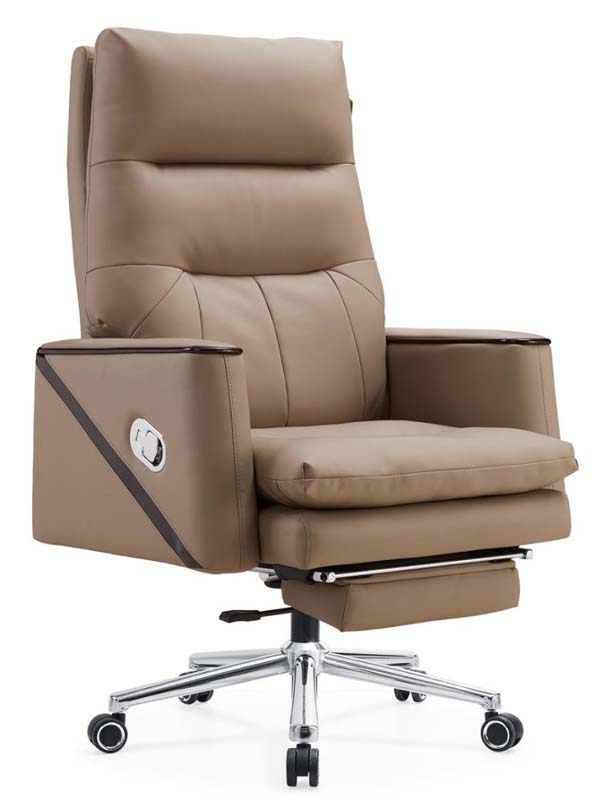 Beige Upholstered Reclining Executive Office Chair with Pull-Out Footrest