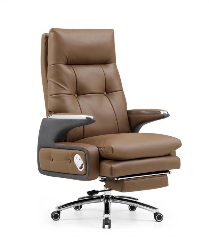 Brown Tufted Reclining Executive Office Chair with Retractable Footrest
