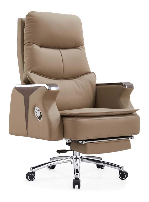 Beige PU Leather Reclining Executive Office Chair with Retractable Footrest