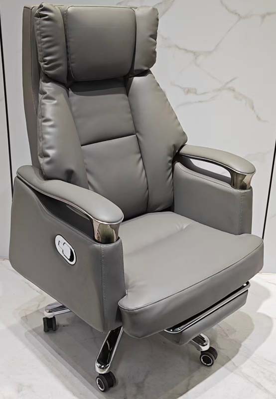 Gray Leather Ergonomic Reclining Executive Office Chair with Pull-Out Footrest
