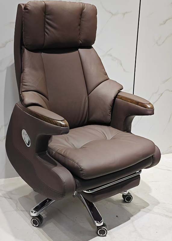 Brown Leather High-Back Reclining Executive Office Chair with Retractable Footrest