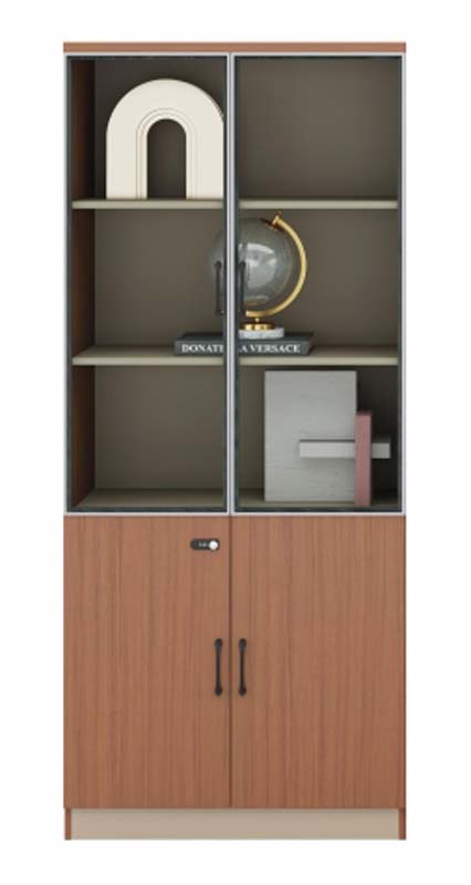 Two-Tone Walnut Office Display Filing Cabinet with Upper Glass Doors and Lower Locked Solid Doors