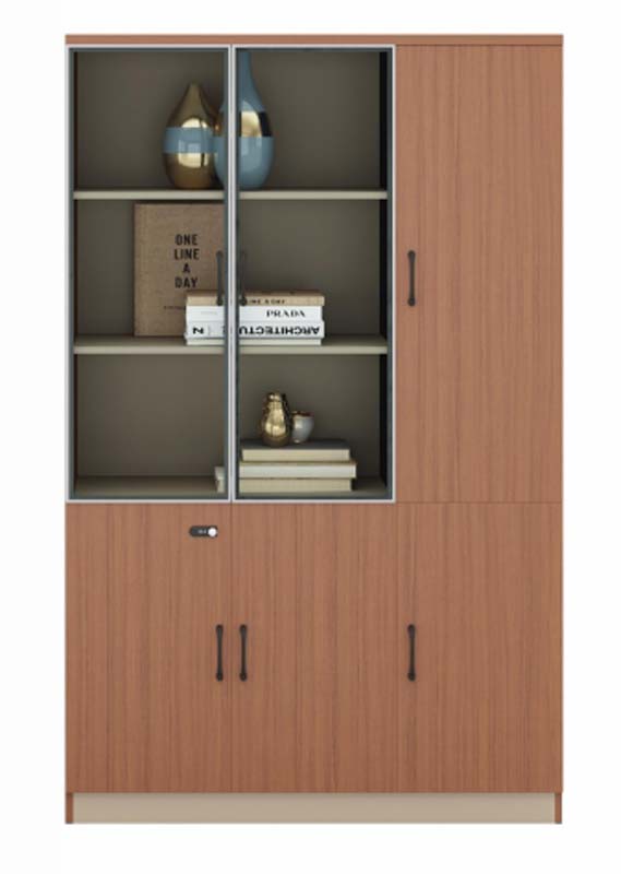 Walnut Grain Office Storage Bookcase with Sliding Glazed Upper Doors and Lockable Lower Doors