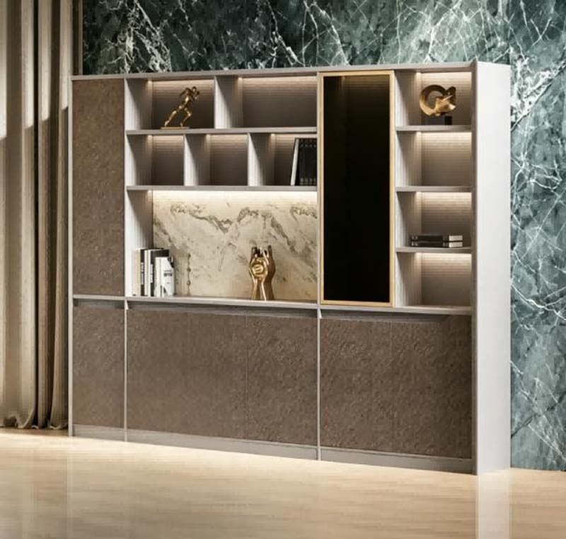 Full-Height Mixed Open/Closed Illuminated Display Storage Cabinet with Gold Trim and Marble Accent