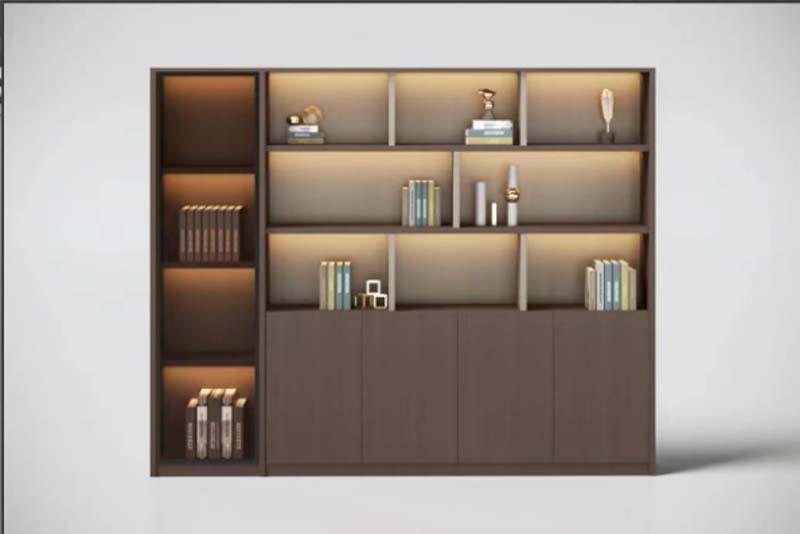 Dark Brown Asymmetrical Open Display Bookcase with Lower Closed Cabinets and Integrated LED Lighting