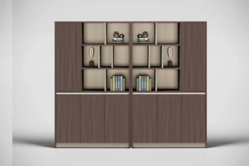 Symmetrical Dark Walnut Office Storage Bookcase with Closed Lower Doors