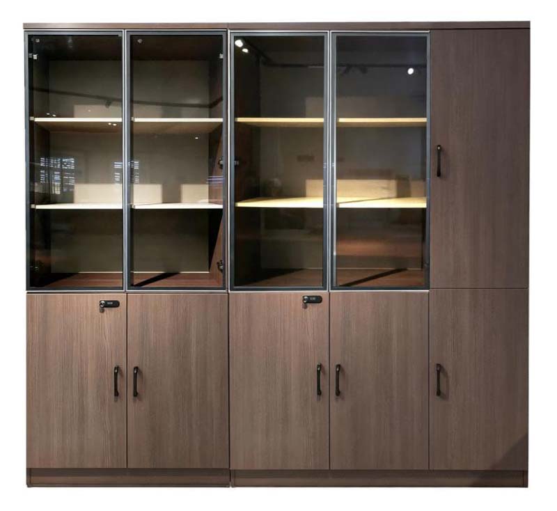 Modern Walnut Office Filing Storage Cabinet with Smoked Glass Upper Doors and Lockable Lower Compartments