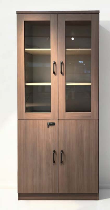Walnut Finish Tall Office Storage Cabinet with Upper Glass Doors and Lower Lockable Solid Doors