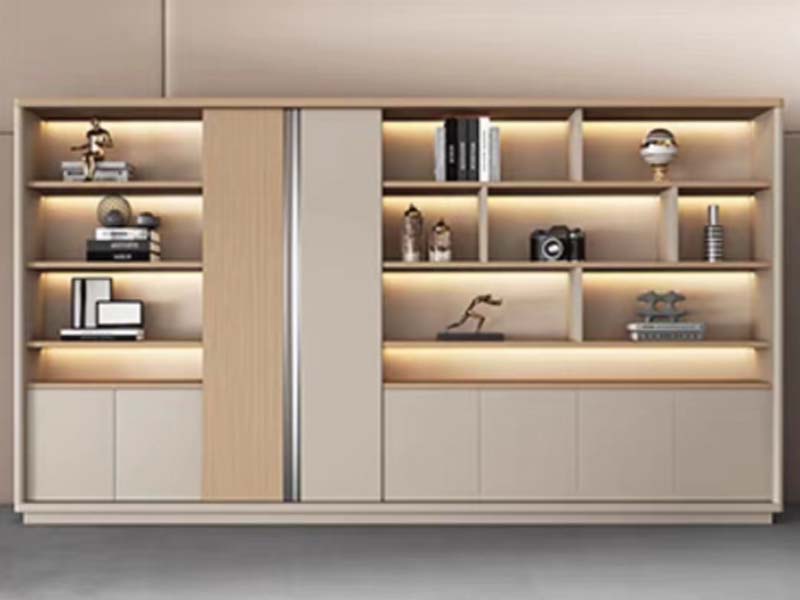 Dual-Tone Light Oak and Beige Full-Wall Office Display Bookcase with LED Lighting and Sliding Panels