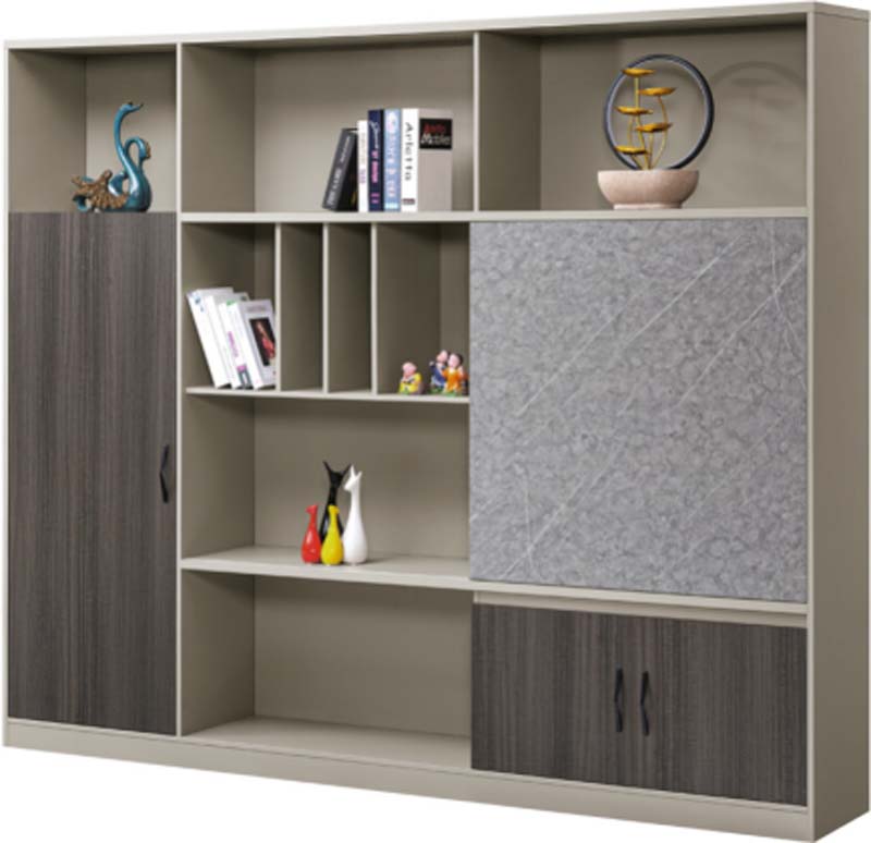 Two-Tone Freestanding Office Storage Cabinet with Open Shelves and Mixed Doors