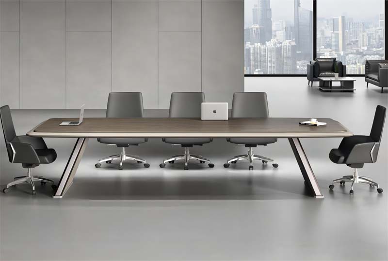 Modern Rectangular Walnut-Grain Conference Table with Brushed Silver Splayed Legs
