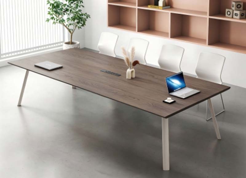 8-Person Walnut Grain Conference Table with Integrated Cable Management and Angled White Metal Legs
