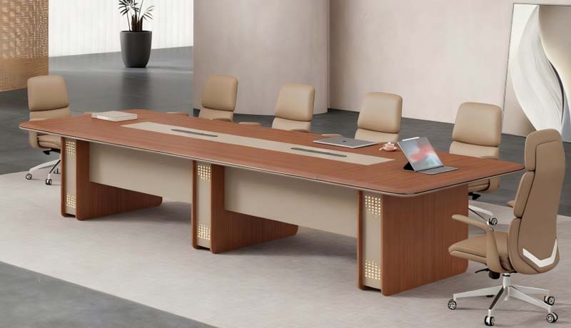 Two-Tone Walnut Beige Large Rectangular Conference Table with Integrated Cable Management
