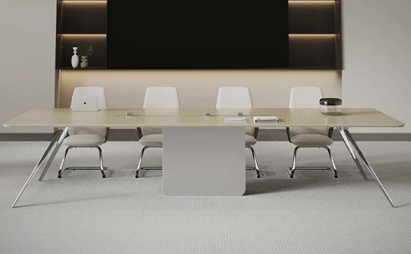 Modern Light Oak 8-Person Rectangular Conference Table with Central White Base and Chrome Splayed Legs