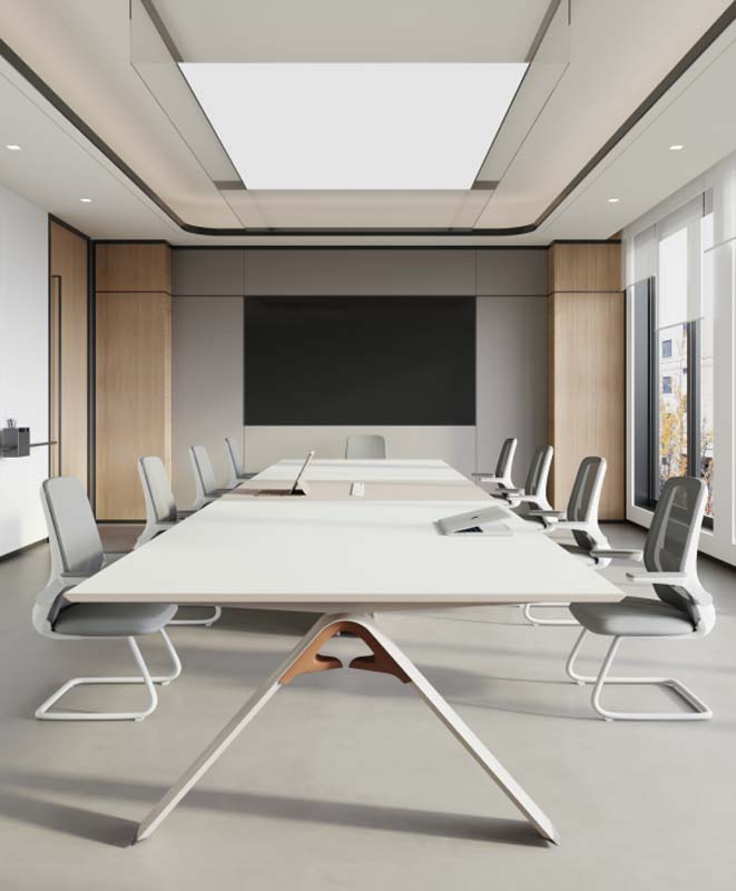 Modern Rectangular White Conference Table with Splayed Wishbone Legs and Wood Accents