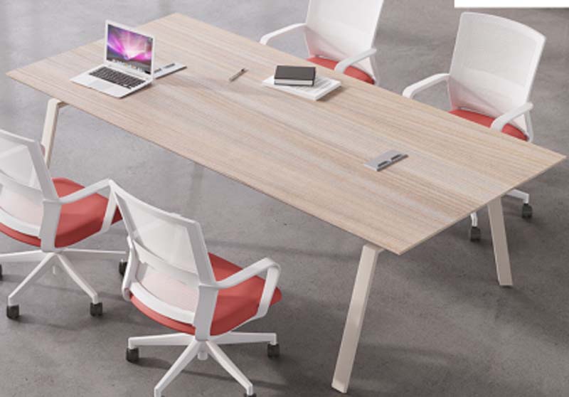 6-Person Rectangular Light Wood Conference Table With Off-White Splayed Metal Legs And Cable Grommet