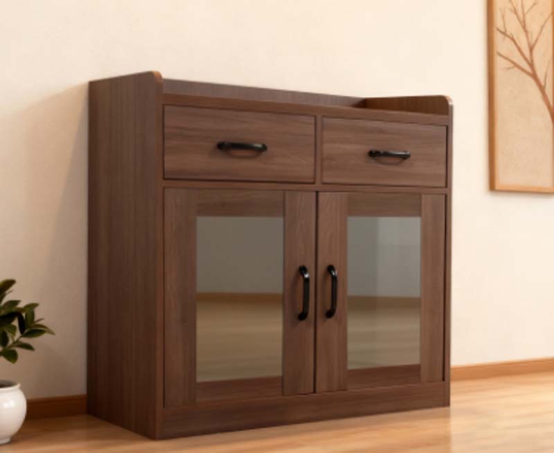 Walnut Finish Freestanding Low Storage Cabinet with 2 Drawers and Glass Doors