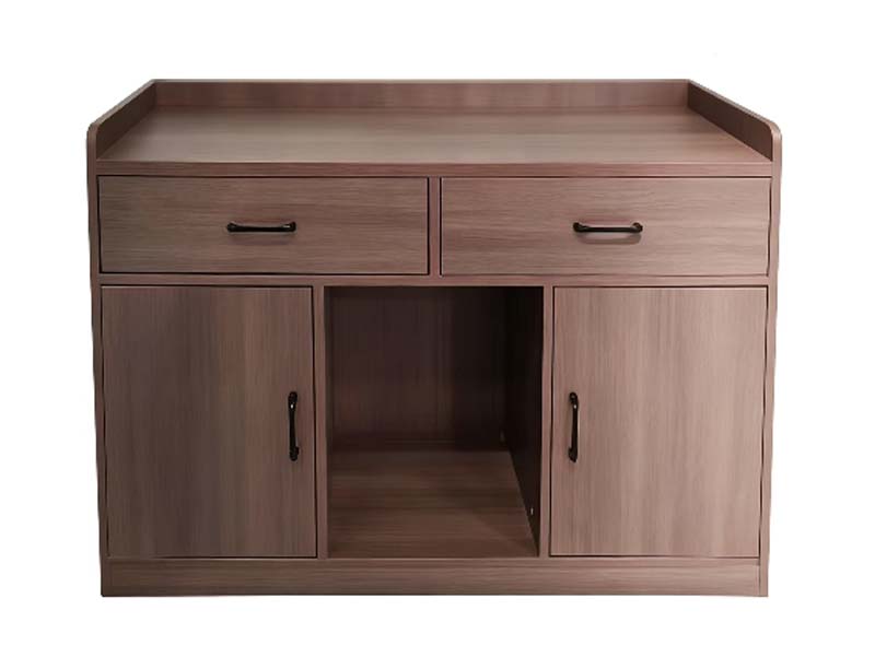 Walnut Grain Freestanding Storage Cabinet with Raised Backsplash, 2 Drawers, 2 Doors and Open Shelf