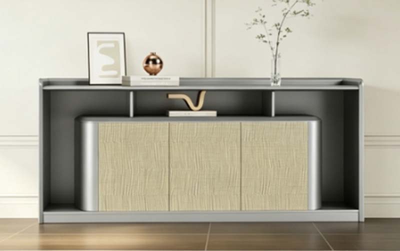 Contemporary Light Grey Storage Sideboard with Woven-Textured Doors and Open Display Shelves