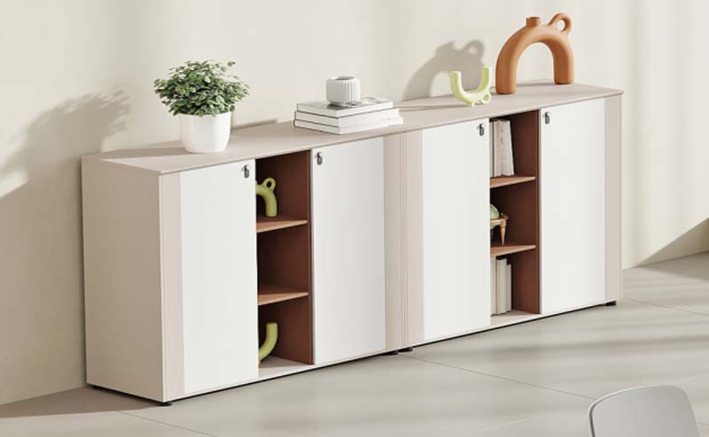 Two-Tone Low Freestanding Office Storage Credenza with Lockable Doors and Open Shelves