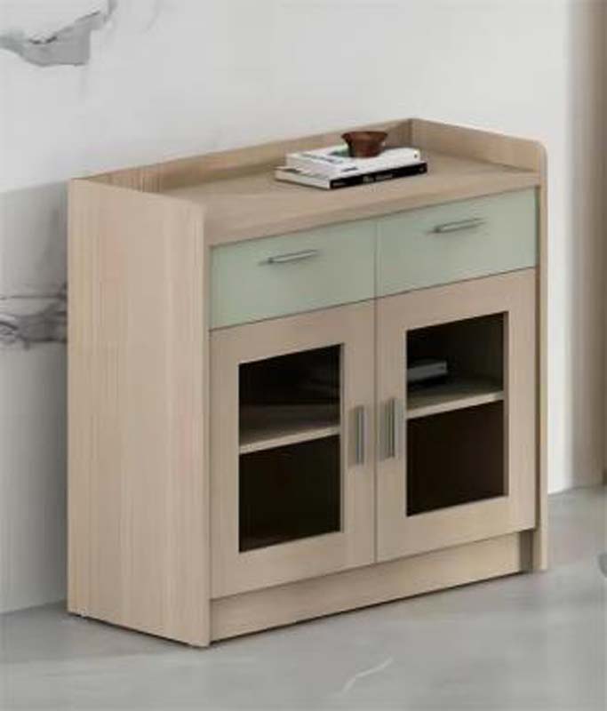 Light Oak Two-Tone Dining Sideboard Cabinet with Mint Green Drawers, Glass Doors and Raised Top Guard