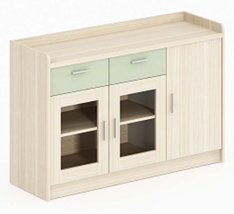 Modern Light Wood Kitchen Storage Sideboard with Mint Accent Drawers and Glass Doors