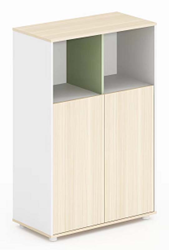 Two-Tone Freestanding Office Storage Cabinet with Open Upper Cubbies and Double Lower Doors