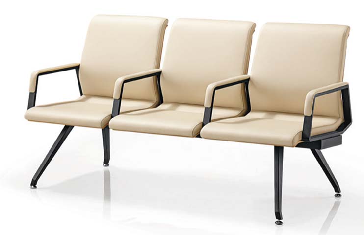 3-Seat Beige Upholstered Public Waiting Area Tandem Bench with Black Metal Arms