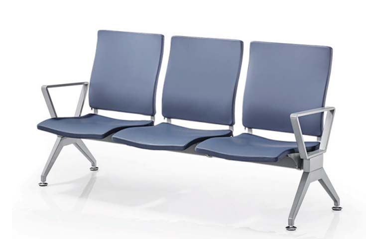 3-Seat Public Beam Waiting Chair with Blue PU Pads and Aluminum Alloy Legs