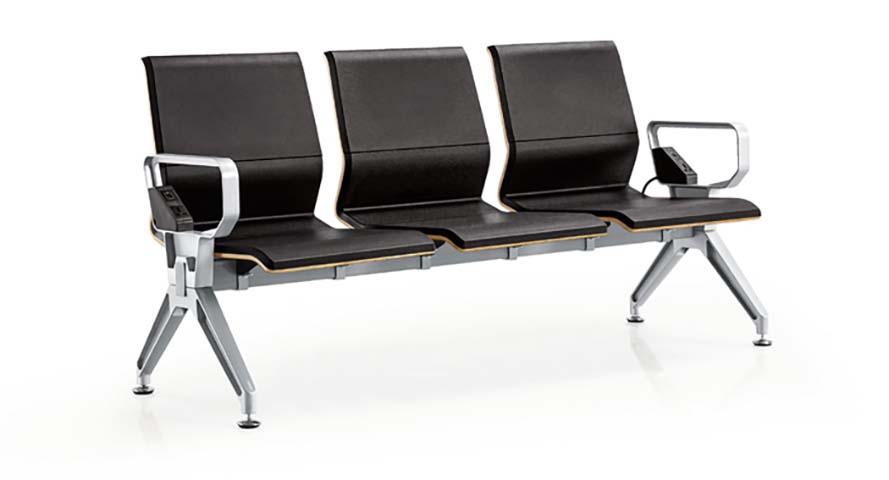 3-Seat Black PU Public Beam Waiting Chair with End-Armrest Charging Ports