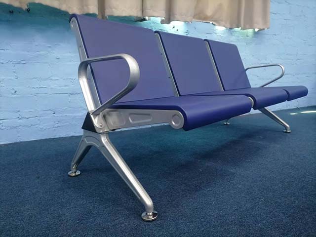 3-Seat Commercial Public Tandem Waiting Bench with Blue PU Upholstery
