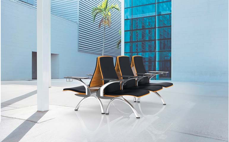 3-Seat Public Waiting Beam Seating with Integrated Writing Tablets and Cup Holders