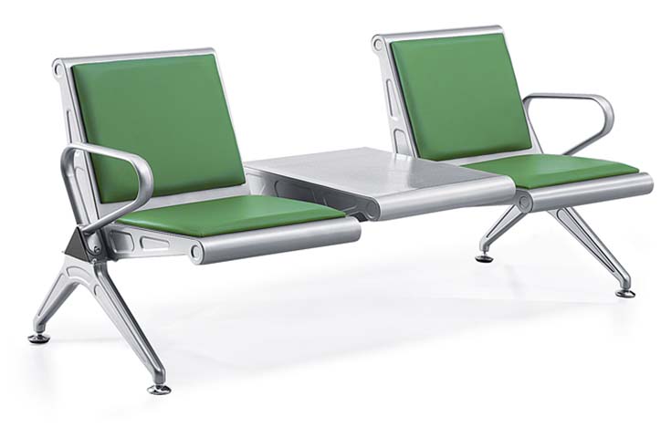 2-Seat Public Tandem Beam Waiting Chair with Integrated Central Side Table, Green Padded Upholstery