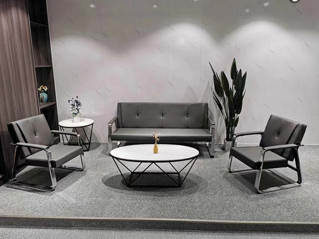 Dark Grey Tufted PU Office Reception Seating Set with Chrome Cantilever Frames and Round Tables